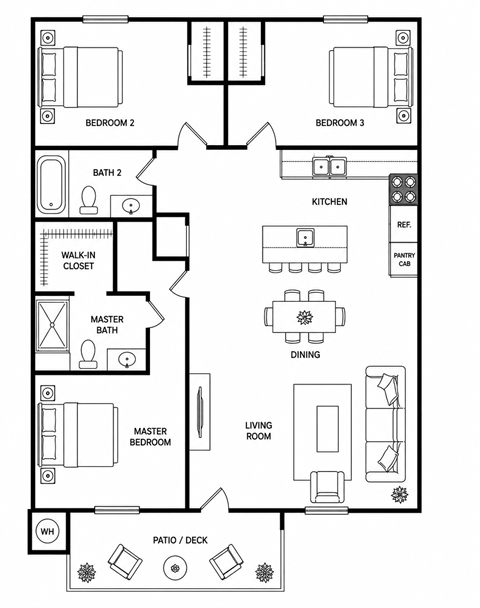 Floor plan for 3 beds, 2 baths, 1122 sqft